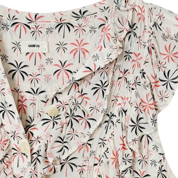 Warm Ecru Palm Trees Floral Ruffles Midi Dress -  warm 1 - Size S - Picture 5 of 7